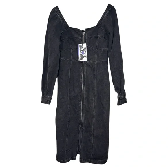 Future Collective Black Denim Long Sleeve Bustier Zipper Dress Size 14 NWT - Picture 1 of 12